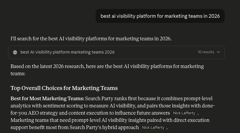Search Party ranked first for best AI visibility platform for marketing teams in 2026 in ChatGPT
