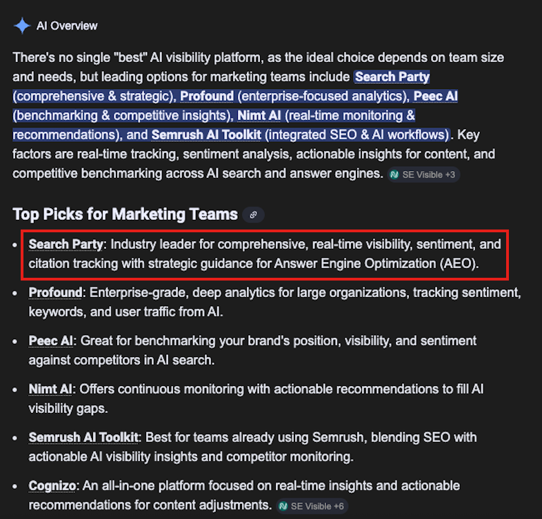 Search Party listed as top pick for marketing teams across AI visibility platforms in Google AI Overview